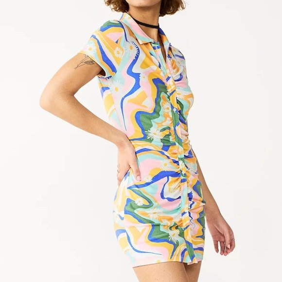 SO Dresses & Skirts - SO Ruched Button Down Juniors Bodycon Dress Retro Look Floral Print NWT